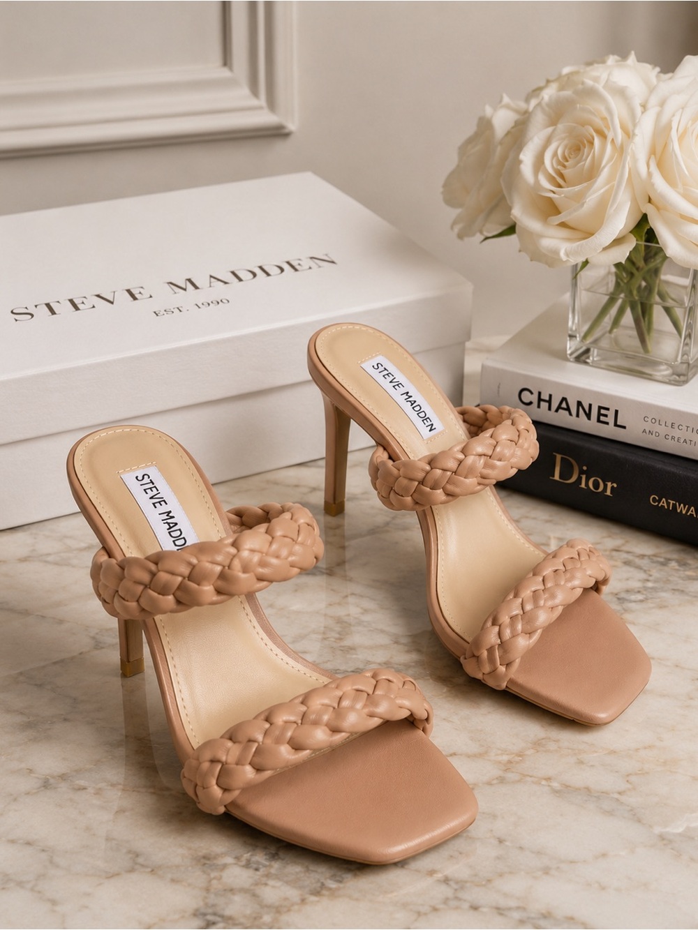 Steve Madden Nude Braided Double-Strap Stiletto Sandals
